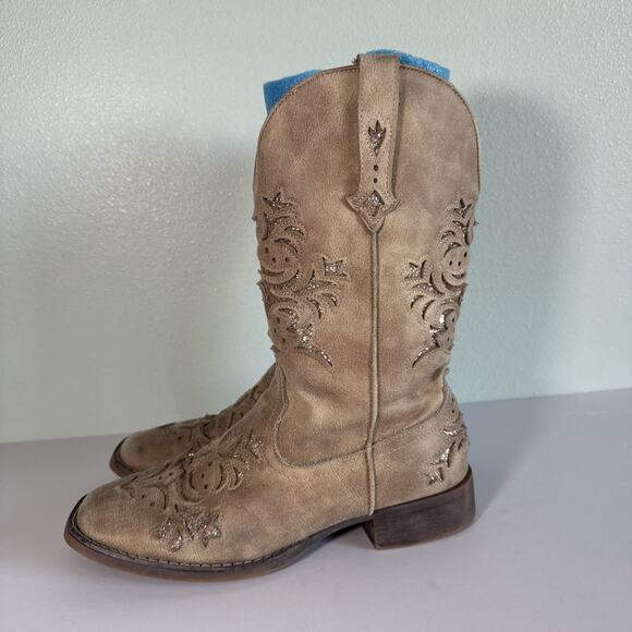 Roper Shoes - Roper Kennedy Western Boots laser cut design glitter Tan Womens Size 9 M